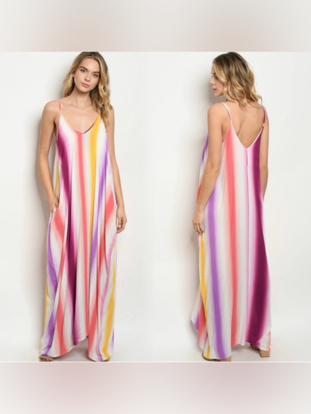 Love In Watercolor Stripe Maxi Dress Women’s Large Rainbow Flowy Sleeveless Boho